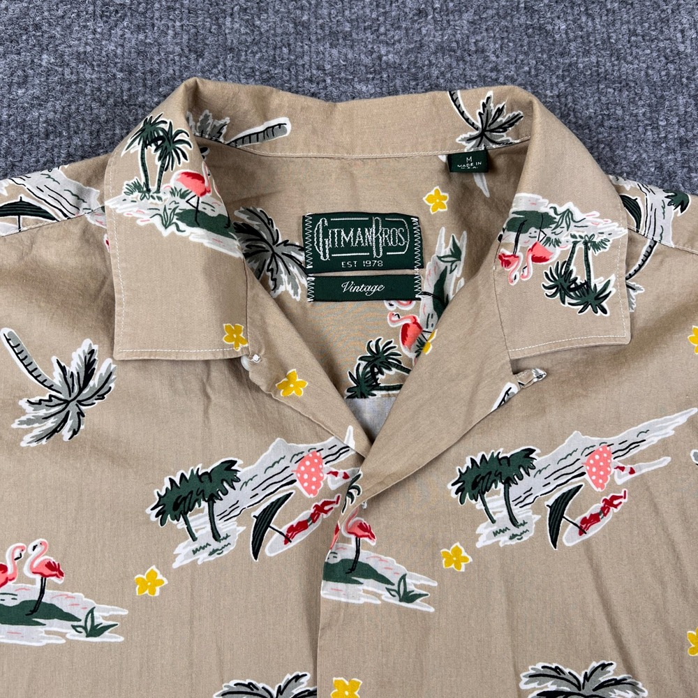 Gitman Bros Vintage Shirt Mens M Brown Hawaiian Flamingo Palm Camp Loop Collar